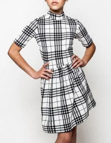 LORD & TAYLOR Design Lab Dress Medium Plaid Checks B&W Mock Neck Fit & Flare Black