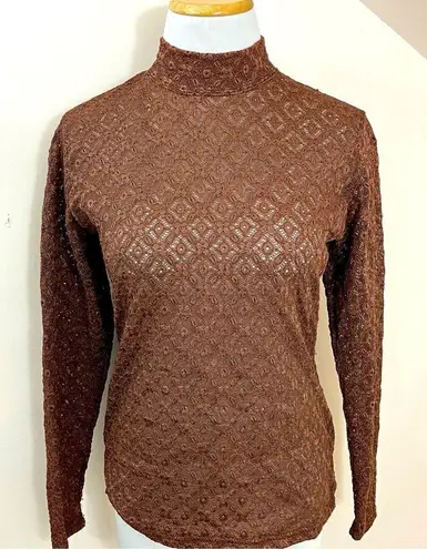 Manuela Semi Sheer Brown Lace/ Crochet Mock Neck Long Sleeve Top S Brown