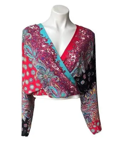 carole little Paisley Boho Blouson Faux Wrap Dolman Sleeve Top, Sz 16