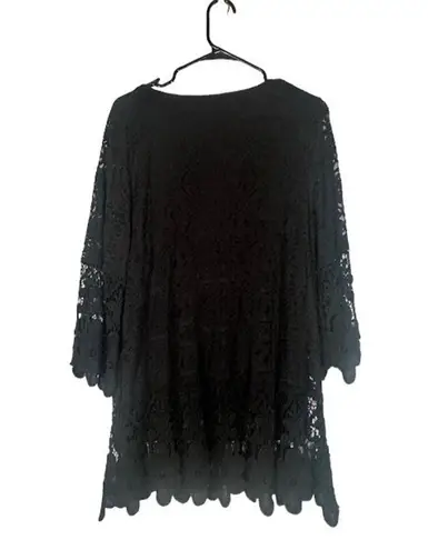 Alfani Black Long Sleeve Lace Applique Detail Scalloped Trim Blouse Women Sz L