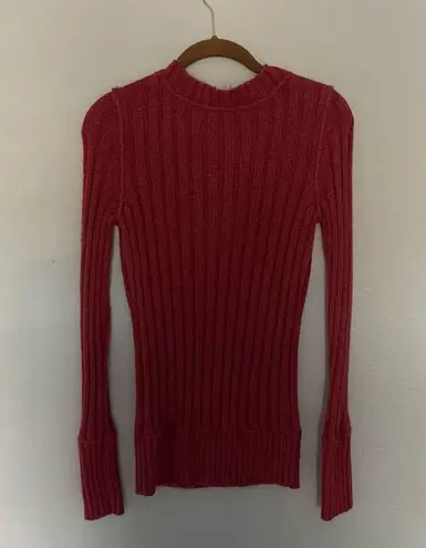Long Sweater Burnt Red Rust Low V Ribbed with Oversized Button Size L