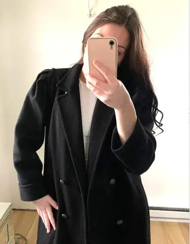 Vintage Black Double Breasted Long Wool Coat Pleated Puff Shoulder sz 8 Petite