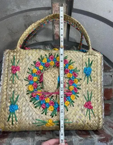 raffia straw suitcase shoulder bag floral blue pink yellow
