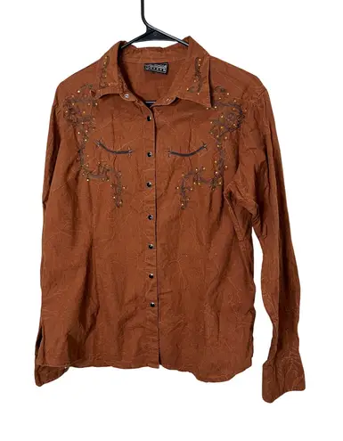 Cattlelac Ranch Womens Long Sleeve Western Button Down Shirt Embellished Large Brown