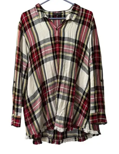 John Mark Women Size XL Plaid Button Up Blouse Top Fringed Long Sleeve Cabincore