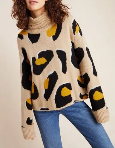 MOTH Turtleneck Sweater Animal Print Yellow Black Beige Pullover S Tan