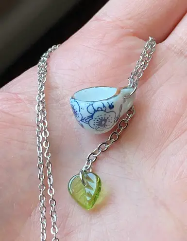 Handmade porcelain tea cup & Czech glass leaf unique fun fairy antique style necklace🫖🍃🌀