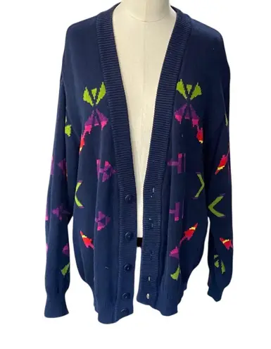United Colors Of Benetton RETRO 90s Navy Cardigan with Bright Pattern Size m/l