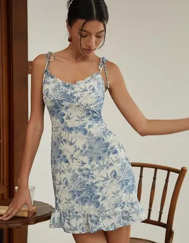 Commense Floral Print Ruffle Hem Knotted Short Dress size small Blue