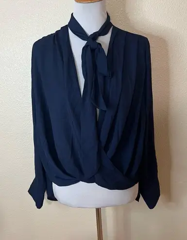 Derek Lam Collective navy blue chiffon long sleeve neck tie blouse 40 / US 4