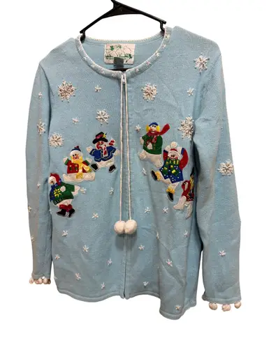 Quacker Factory The Blue Snowman Embroidered Zip Up Cardigan Sweater Size S