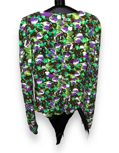 ZARA  Womens Floral Wrap Long Sleeve Green Purple Draped Bodysuit size medium