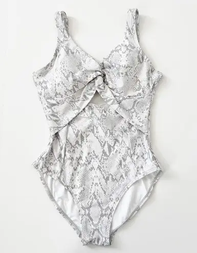 DKNY [] Snake Print White Gray Peek-A-Boo Twist Front One Piece Swimsuit NWT