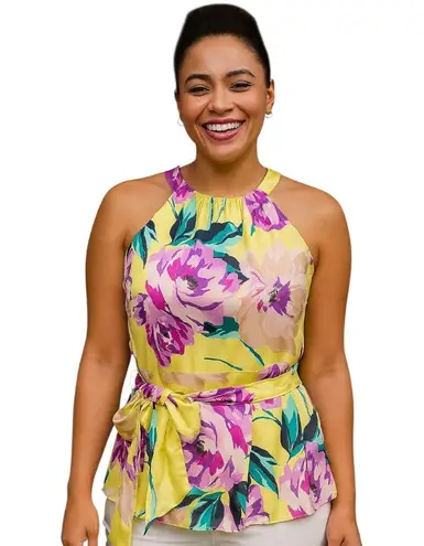 Ann Taylor Factory Yellow Floral Belted Halter Satin Tank Top – Size 2 Pink