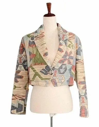 Rhonda Stark Jacket Blazer Southwest Tapestry Cropped Boho Tan Blue Size Medium Brown