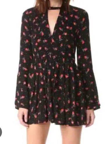 Free People Tegan mini dress black and red floral long sleeve with front and back cut out 