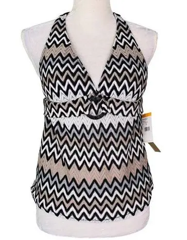 Perry Ellis Tankini Top S Black White Gray Taupe Chevron Removable Pads New