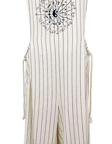 DANNIJO Wide Leg Embroidered Yin Yang Zodiac Cropped Cotton Overalls Jumpsuit Black