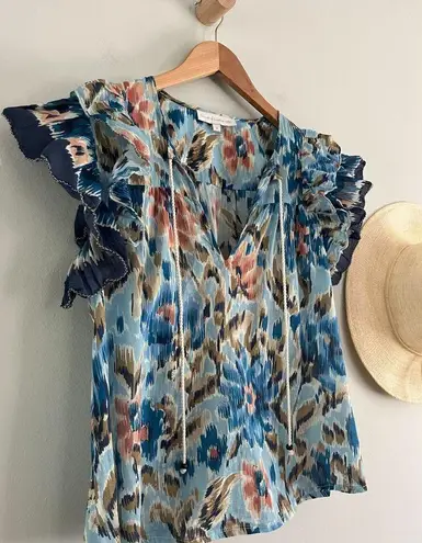 House of Harlow 1960 | Boho Ruffle Abstract Floral Top | Zoe Blue | Sz S