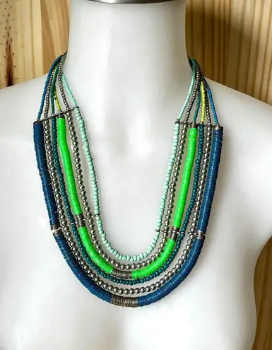 Vintage Blue  and Green Multi Strand Necklace, Teal Bead Six Strand Necklace