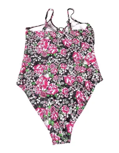 NEW WDIRARA Women's Plus 1XL Floral Print Lace Up One Piece SWIMSUIT Tie Front Pink Size 1X