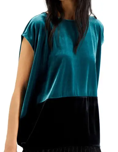 Alfani New Velvet Color Block Cap Sleeve Boat Neck Top Black Teal Motif