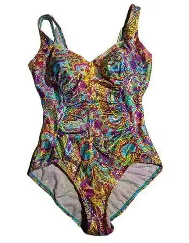 Vtg 1990s Beach Bay Bright Purple Yellow Paisley Floral Ruched Nylon Swimsuit 12