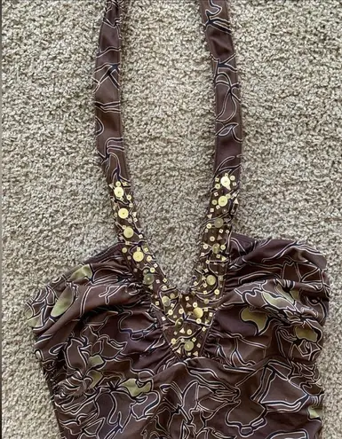 Newport News COPY -  One Piece Halter Swim Suit Size 10 Brown Sequin summer spri…