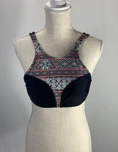 Trillium Halter Neck Black Geometric Tribal Print Swim Bikini Top Size Large