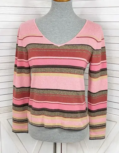Emma James Petite Striped Multicolor V Neck Sweater Pink Brown Large