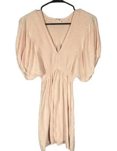 Moth Blush Pink Ribbed Balloon Short Sleeve Fitted V