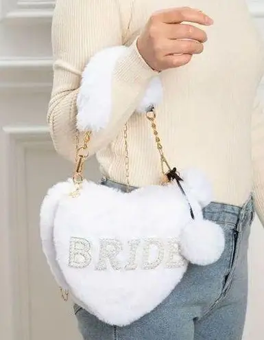 BRIDE White Heart Plush Faux Fur Bridal Handbag w/ Chain Strap & Coin Purse