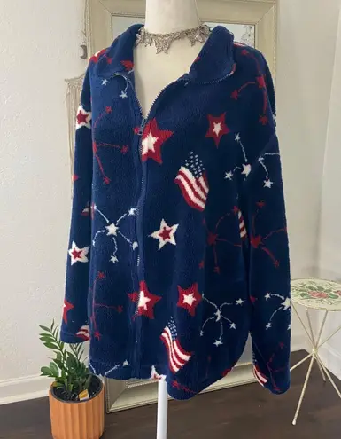 Vintage Classic Americana Dark Blue Red White Flag Fleece Sweater Jacket XXL