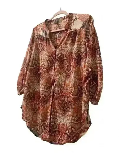 Anthropologie Fig & Flower Sheer Floral Button Up Shirt Blouse Top Size Large Red