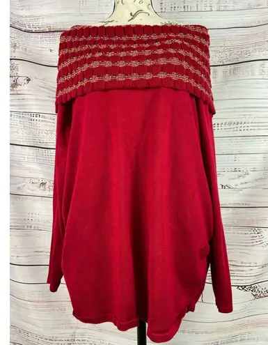 Pina Rossi Sweater Womens 1X Long Sleeve Ruched Sides Cowl Red Off On Shoulder