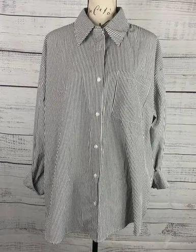 Aisew Button Front Shirt Womens L Pin Striped Long Sleeve Collared NEW Gray Size L