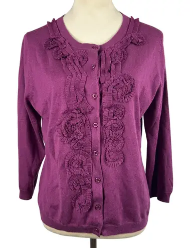 Garnet Hill Silk Merino Wool Cashmere Ruffle Cardigan Boho Women Medium Purple