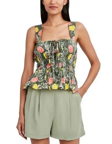 BCBGMAXAZRIA  Floral Peplum Hem Top Women's Green Square Neck Sleeveless Medium