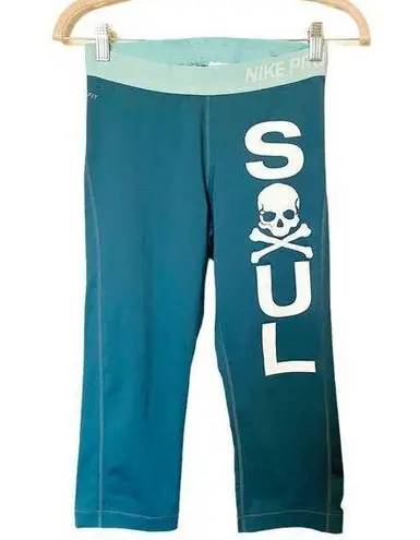 NIKE PRO Teal Capri Soul Cycle Skull Crop Legging Training Pants Size Medium