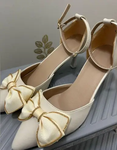 Pointed Shoes Bow Knot Apricot Single Tie Women Dress Shoes Size 7