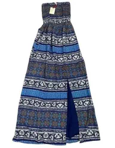 Raga  NWT blue Aztec print smocked tube top maxi dress size XS