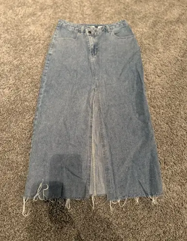 Happily Grey Women's Denim Maxi Skirt with Front Slit Raw Hem Size 5/26 EUC Blue