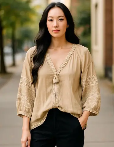 Roller Rabbit Women’s Boho Embroidered Blouse Top Cream Long Sleeves Vneck