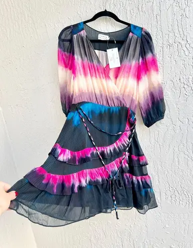 Tanya Taylor  Valeria Tie-Dye Silk Tiered Ruffle Faux Wrap Dress Black/Pink US 2