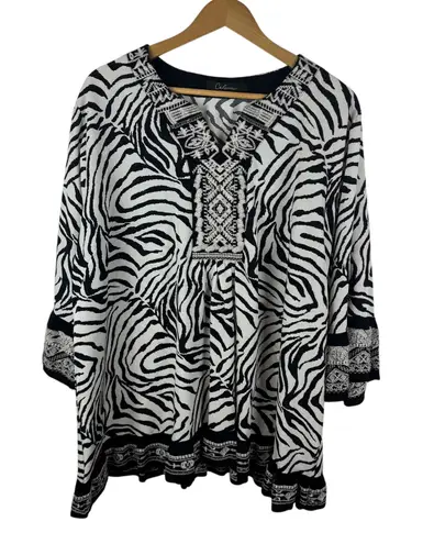 Calessa Embroidered Zebra Print Tunic Top Size 3X Artsy Boho Bold Vacation Flowy Black