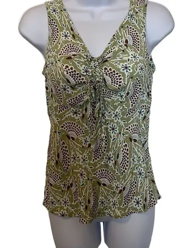 Loco Lindo Y2K Vintage Small Green Floral Silky Ruched Front Tie Blouse Top