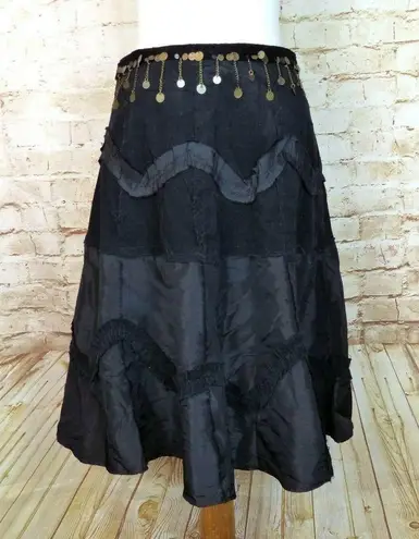 X Store Italy Y2K Black A Line Mix Media Midi Skirt Coin Chain Corduroy 28 1/2 Size undefined
