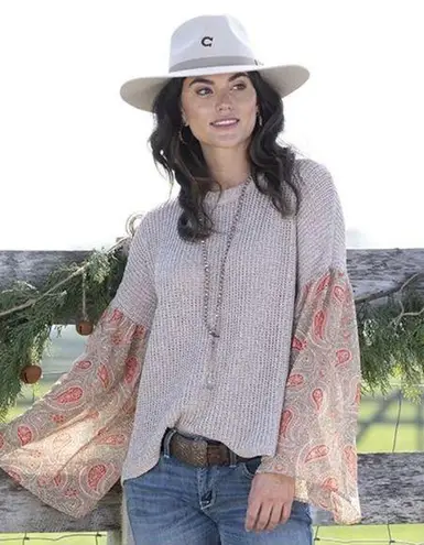 Rods Prim & Proper Beige Paisley Contrast Chiffon Sleeve Sweater Size Small Tan