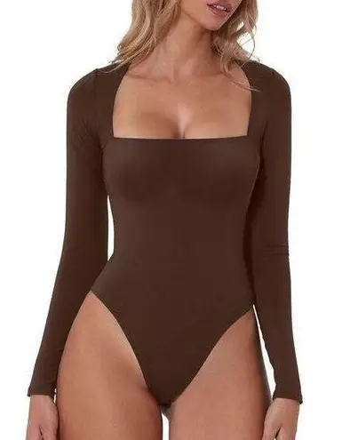NEW QINSEN Square Neck Bodysuit Long Sleeve Double Lined L Brown Size L