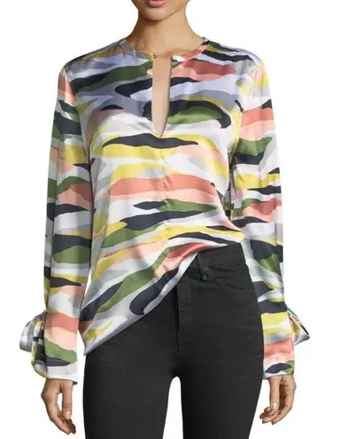 Equipment Camo Print Tie Sleeve 100% Silk Blouse Size L